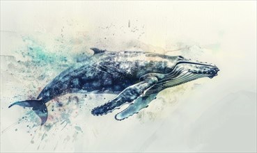 Watercolor illustration of a humpback whale in the ocean, AI generated