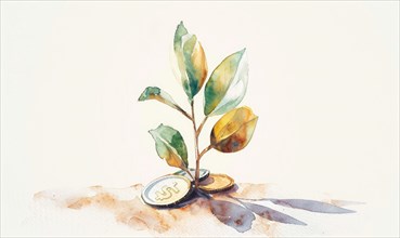 Watercolor illustration of money coins attached to a budding tree sprout AI generated