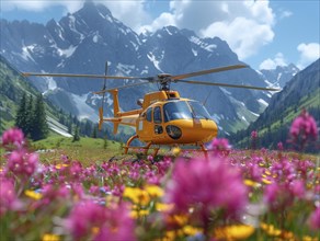 Gelber Hubschrauber in einer malerischen Berglandschaft mit einem bluehenden Feld,
