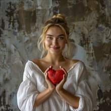 Smiling woman in white lovingly holding a small red heart, AI generated