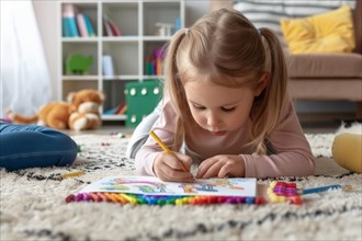 A preschool-aged girl lies on the floor and draws a picture with coloured pencils, AI generated, AI