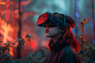 Woman wearing a VR headset in a forest illuminated by neon lights, AI generated