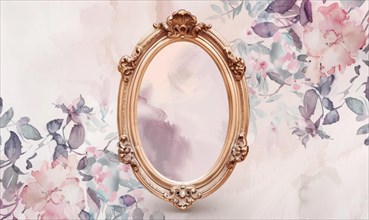 A gold frame with pink flowers on the wall. Abstract background with frame and space for text AI