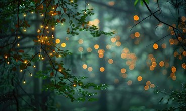 Ethereal bokeh lights diffusing through mist in a mystical woodland, nature background AI generated