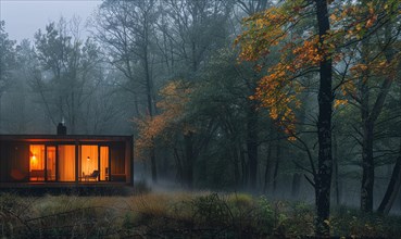 Morning mist enveloping a contemporary wooden cabin hidden deep within a spring garden filled with