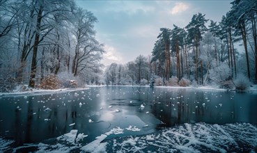 A winter landscape with a frozen lake and snow-covered pine forest AI generated