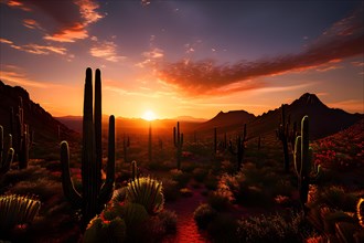 Saguaro cacti against the backdrop of a colorful sunrise sky, AI generated