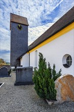Church tower with clock and wooden shingles, Church of St Alexander and George, Memhoelz, Allgaeu,
