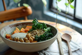 A nourishing bowl of greens, lentils, chickpeas, and sweet potato on a table with subtle lighting,