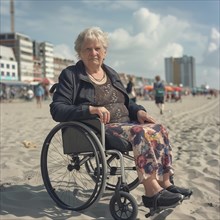 Woman in a wheelchair looks thoughtfully along a busy beach promenade, KI generated, AI generated