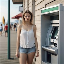 Troubled young woman in summer clothes at an ATM, AI generated