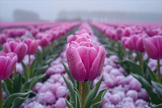 Misty atmosphere with close-up of dew on pink tulips, AI generated