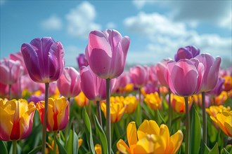 Field of blooming purple and yellow tulips under a clear sky, AI generated
