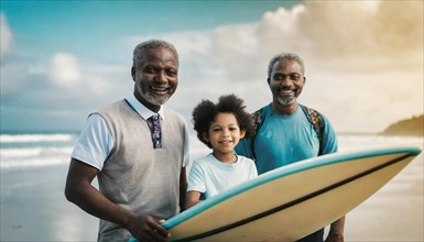 Happy family moment with a senior man and children smiling with a surfboard at the beach, 3