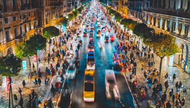 Night view of a vibrant city street bustling with vehicles and lights, rush hour commuting time,