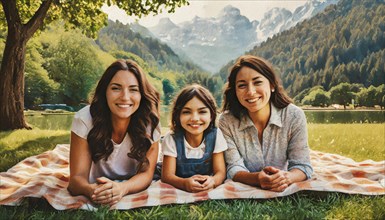 Smiling siblings enjoying a sunny picnic with mountains in the distance, AI generated