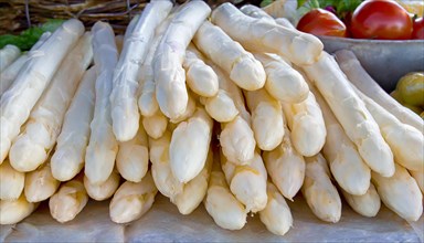 Stacks of white asparagus bundles in a brightly lit vegetable market, AI generated, AI generated