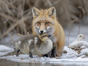 A fox looks after a duckling on snow-covered ground, AI generated, AI generated, AI generated