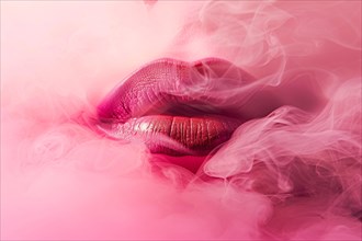 Close up of woman's lips surrounded by pink smoke. KI generiert, generiert, AI generated