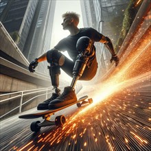 A skateboarder with cybernetic limbs riding with speed and sparks in an urban setting, AI generated