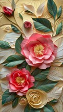 Ornate floral paper artwork with cream roses and red flowers over an embossed background, ai