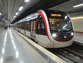 Moderne U-Bahn-Station mit einem an den Bahnsteig einfahrenden Zug und klaren Linien, Lifestyle in