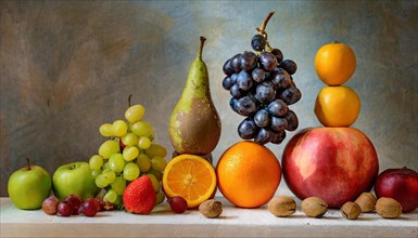 A classic still life composition with an assortment of realistic-looking fruits, horizontal, AI