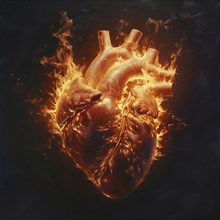 A detailed depiction of a heart enveloped in wild flames, AI generated