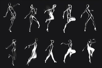 Sketch-like white line drawings of dancers in motion on black background, illustration, AI