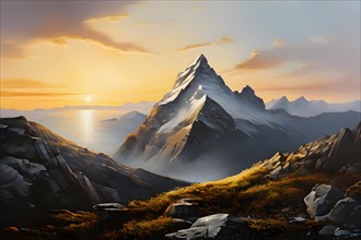 AI generated illustration of a solitary mountain peak at dawn