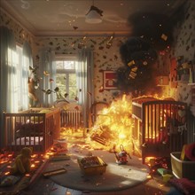 Fire surrounds a child's room, toys and furniture are affected, AI generated