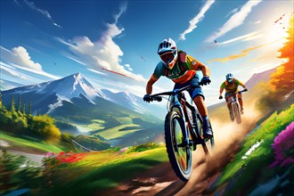 AI generated illustration showcasing mtb cycling sports in vibrant accessible color schemes