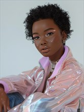 Relaxed portrait of a young woman in a holographic jacket with natural make-up, AI generated
