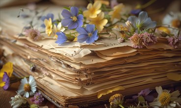 Close-up of wildflowers pressed between pages of an old book AI generated