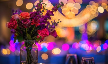 Bouquet of flower on glittering bokeh lights abstract background AI generated