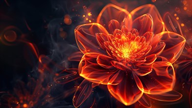 Beautiful fiery flower on a dark background. Digital art. The image is impressive in its