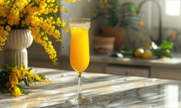 Cocktail in a glass goblet with mimosa branches in the background AI generated