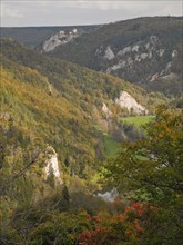 View of the Upper Danube valley with Bronnen Castle, autumn atmosphere, Fridingen, Tuttlingen