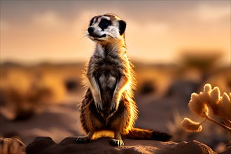 Meerkat standing on its hind legs vigilantly scanning the horizon of the Kalahari desert, AI