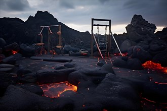 Lava destroying the remnants of a playground swings and slides emerging from hardened lava, AI