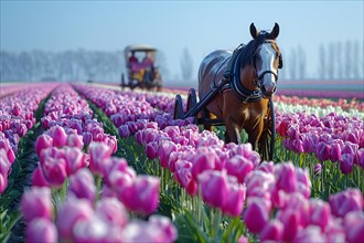 A horse pulling a carriage beside a tranquil field of pink tulips, AI generated