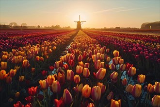 Tranquil scene of a tulip field at sunset with warm light cast upon a solitary windmill, AI
