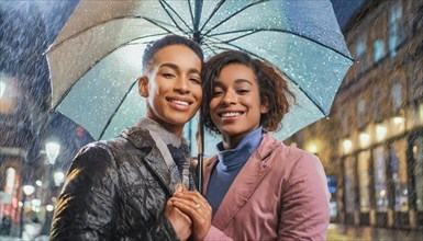 Happy lesbian couple close together under an umbrella on a rainy, illuminated city street at night,