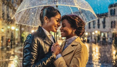 Romantic homosexual female couple in leather jackets sharing an umbrella on a rainy city street,