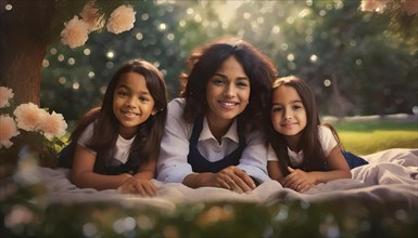 Sisters and their mother enjoying an outdoor picnic under tree blossoms, AI generated