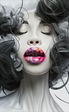 Surreal grayscale female portrait with glossy multicolored lips and abstract wrapped hair, Vertical