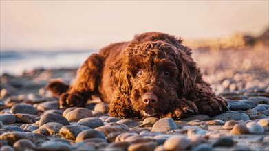 Dog resting on a pebble beach with the golden hour light, AI generated