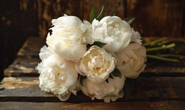 A bouquet of white peonies on a rustic wooden table AI generated