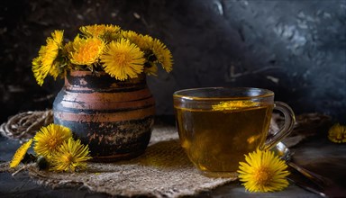 Rustic still life with a tea glass and coltsfoot in an old pot, coltsfoot tea, medicinal plant