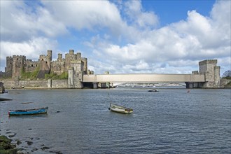 Fishing boats, castle, bridge, Conwy, Wales, Great Britain